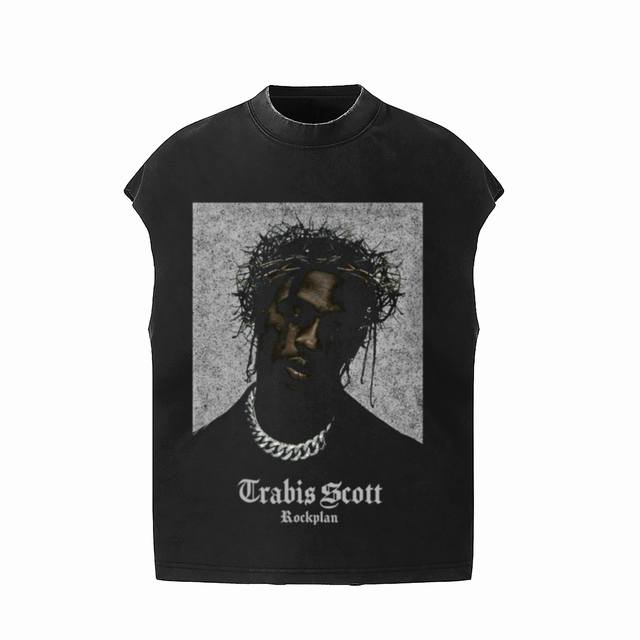 #Vt019 P70 travis Scott斯科特Big Face荆棘人像限定浮夸搞怪印花复古水洗做旧无袖坎肩T恤 小领口设计 白墨数码直喷印花 手工磨破工艺