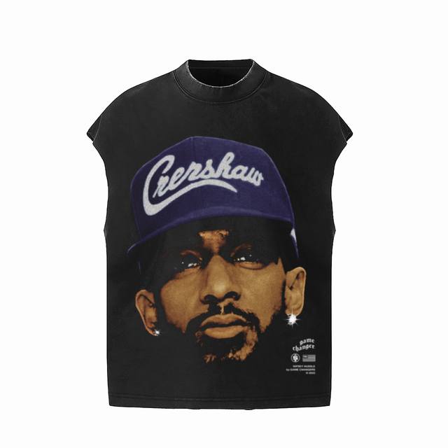 #Vt010 P70 致敬尼普西·哈赛尔Nipsey Hussle说唱歌手Big Face人像复古水洗做旧坎肩无袖T恤 小领口设计 白墨数码直喷印花 手工磨破工
