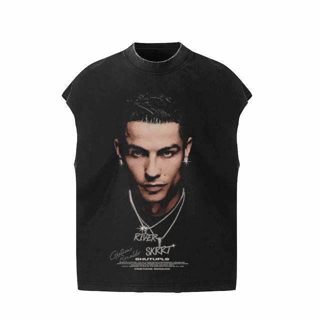 #Vt008 P70 足球巨星C罗克里斯蒂亚诺·罗纳尔多（Cristiano Ronaldo） Big Face人像印花复古水洗做旧无袖坎肩T恤 小领口设计 白