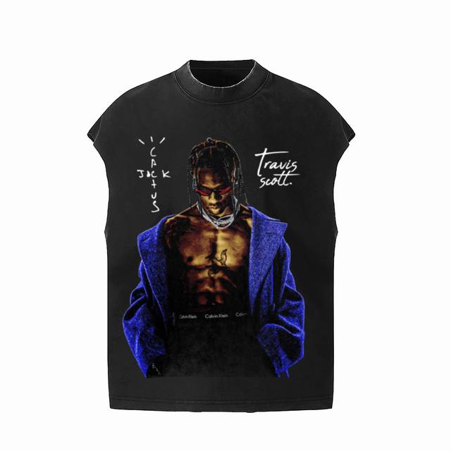 #Vt003 P70 travis Scott斯科特Big Face人像演出限定浮夸搞怪印花复古水洗做旧无袖坎肩T恤 小领口设计 白墨数码直喷印花 手工磨破工艺