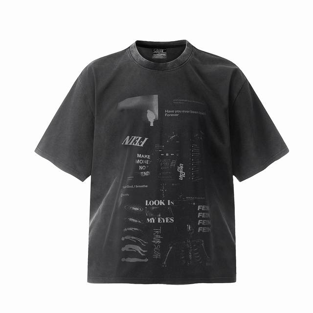 #Vt9228 P80 travis Scott斯科特专辑封面数码直喷印花复古水洗做旧短袖T恤 小领口设计 白墨数码直喷印花 高街复古重磅做旧水洗Vintage
