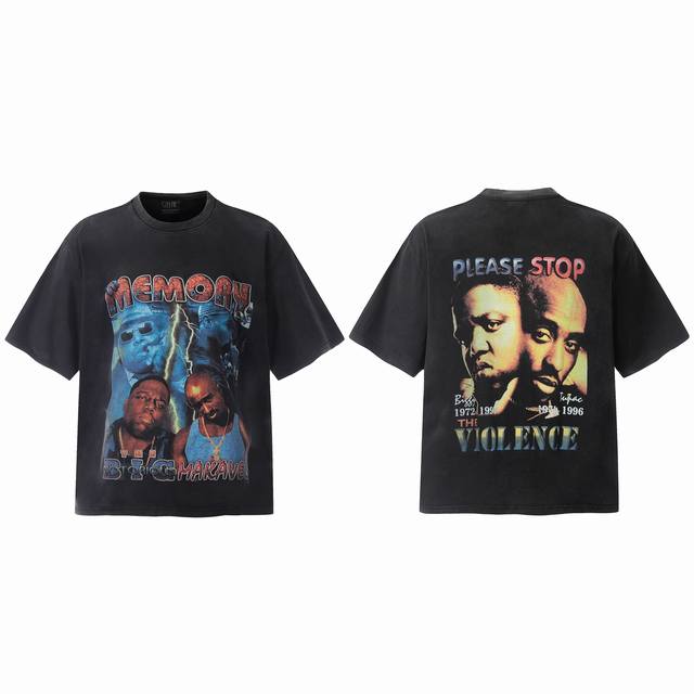 #Vt9189 P90 图派克Tupac说唱歌手2Pac人像Big Face数码直喷印花复古水洗做旧短袖T恤 小领口设计 白墨数码直喷印花 高街复古重磅做旧水洗