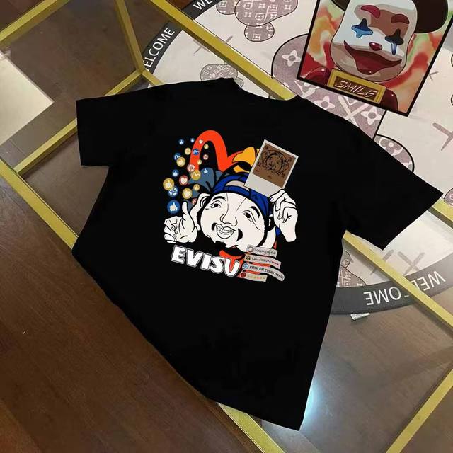 p100 Evisu福神 2025年春季新品男士多元素佛头字母皮牌印花短袖T恤 码数S-Xxl