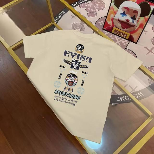 p100 Evisu福神 2025年春季新品 男士图腾柱达摩家花字母印花短袖T恤 码数S-Xxl