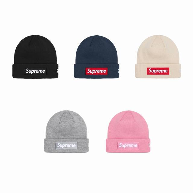 m10P80 原单 Supreme X New Era 24Fw Box Logo Beanie 基础刺绣 冷帽 黑 卡其 宝蓝 灰 粉