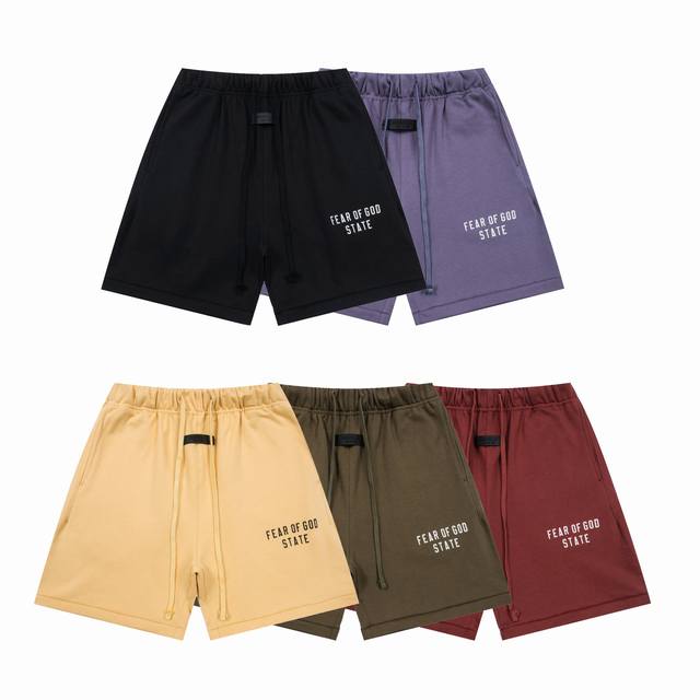 fear Of God Essentials State印花字母运动短裤 款号：K228# P80 颜色：幽兰紫 橄榄绿 绯红色 琥珀色 星辰黑 码数：S M