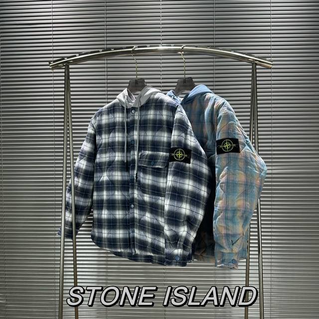 特价P160#Stw75 码数 藏青M2 L0 Xl0 粉青0 stone Island 石头岛24新款葫芦格纹连帽衬衣棉服外套 石头岛冬季连帽棉服外套 纯棉格