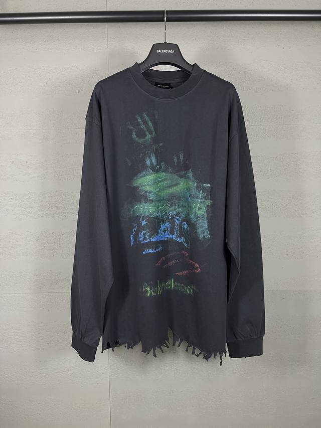 p130细节图【顶级版本.官网品质】Balenci*Ga/巴黎Balenci*Ga#25巴黎新款，前后面模糊图案白墨直喷洗水磨烂破坏做旧下摆手工打磨长袖T恤.砖