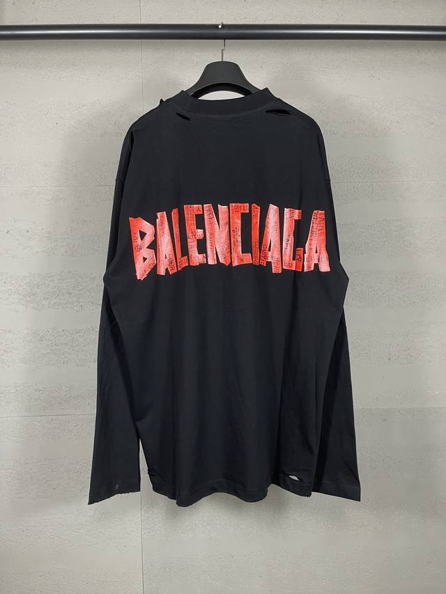 p120细节图【顶级版本.官网品质】Balenci*Ga/巴黎.25Ss最新款.美纹纸胶带拉浆印花.成衣水洗磨烂做旧长袖T恤.砖柜同步.面料采用巴黎Zp定织定染