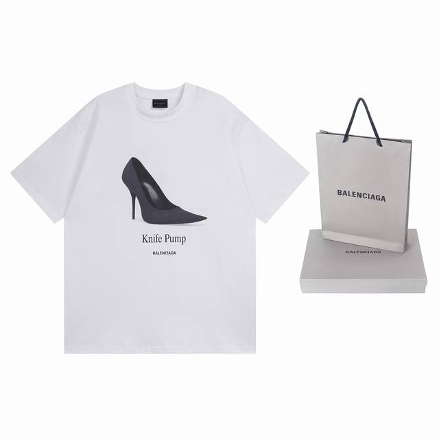 100实拍图【顶级版本.官网品质】Balenci*Ga/巴黎.Ss25最新款，巴黎 高跟鞋前面后面直喷印花短袖T恤.砖柜同步.第一时间正品研制，欢印对比！面料采