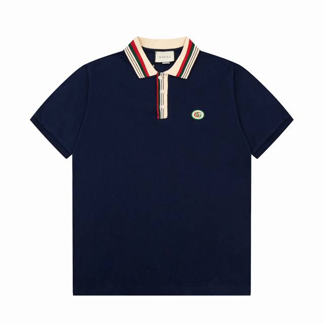110 Gucci/古驰 25Ss新款 条子领双Gg贴饰Polo 230克重双纱全棉珠地 颜色：宝兰 白 码数：S M L Xl Xxl
