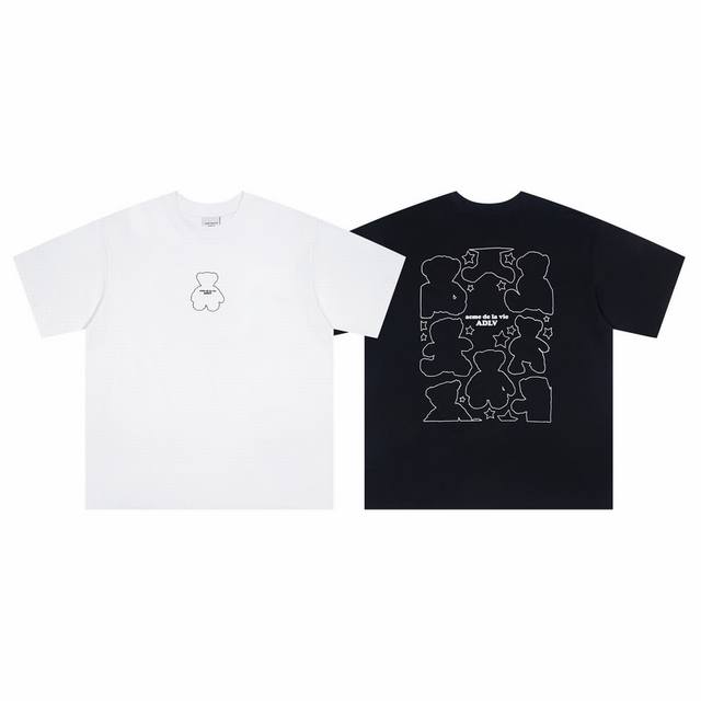 1001#P80 adlv 韩国潮牌 25Ss新款小熊线条印花短袖 280克纯棉双纱面料 男女同款 宽松版型 颜色: 黑色 码数: 1 2