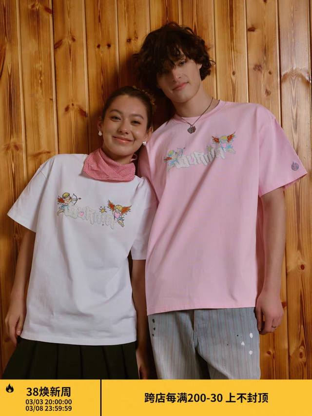 nn06 Burnin*25Ss情人节限定「炽爱丘比特」短袖T恤宽松圆领情侣上衣 P70 颜色：白色 粉色 码数：S M L Xl