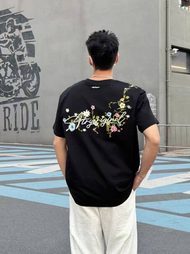 款号 F70 P80 atry刺绣短袖男女春夏新品美式纯棉重工情侣花体连肩花卉短袖T恤 颜色 黑色 灰色 白色 尺码 S M L Xl