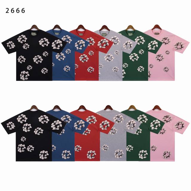 款号：2666 面料：230克双纱 p70 实拍现货Denim Tearscactus Tears Wreath 联名款潮牌短袖 颜色：黑 粉 灰 空军蓝 红