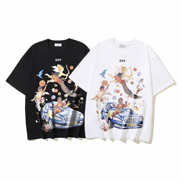 1139#P70 Off-White纯棉260G重磅天使汽车壁画印花短袖T恤 黑色 白色 S M L Xl