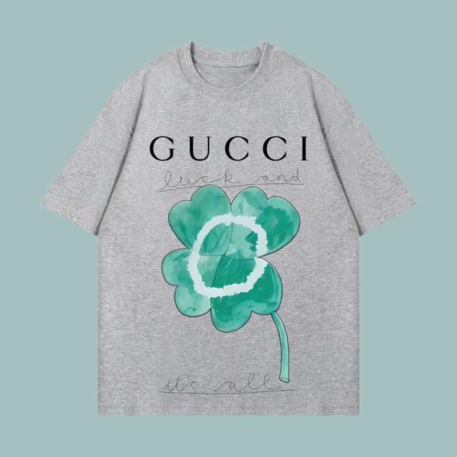 p90 高端品质 gucci 2025Fall 春夏系列 四叶草短袖T恤 区别普通印花 定织270G32支双纱纯棉面料 宽松版型 男女同款 size：S M L