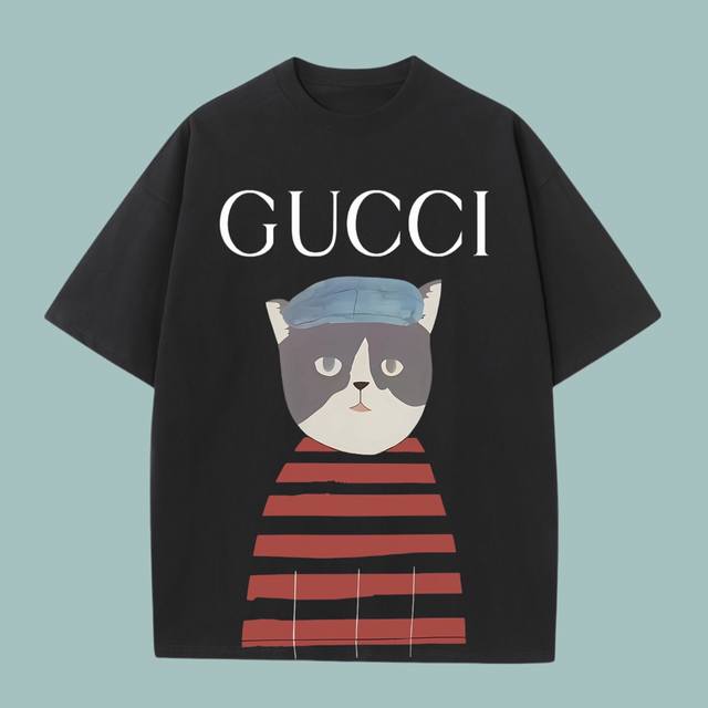p90 高端品质 gucci 2025Fall 春夏系列 小猫毛衣短袖T恤 区别普通印花 定织270G32支双纱纯棉面料 宽松版型 男女同款 size：S M