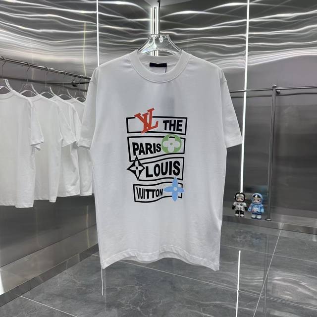 p90 Lv 2025春夏新款260克短袖T恤 个性印花 男女同款宽松版 S M L Xl Xxl 五个码 黑色 白色 灰色
