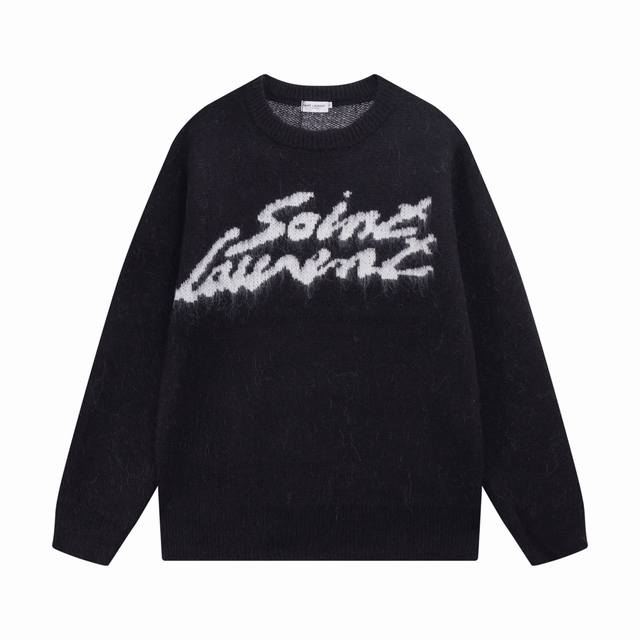 p210 sly 圣罗兰草写签名提花马海毛圆领毛衣 颜色：黑色 码数：S M L Xl Xxl