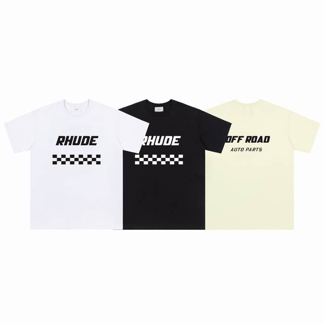 617#P70 美式潮牌Rhude 赛车锦标赛拉花印花小众高街宽松男女休闲短袖T恤 颜色：黑色 白色 杏色 面料：26支280克潮牌双纱