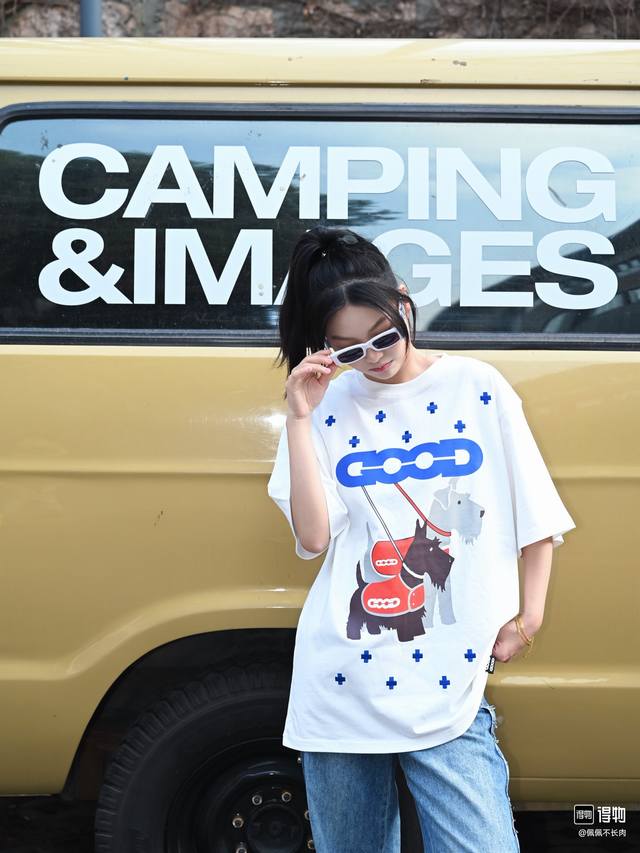 款哈：G011 P90 预售款 出货通知 goodbrand Ss25 雪纳瑞十字榻榻米轻奢时尚高级感印花短袖T恤 男女同款 颜色：白色 蓝色 码数：S M L