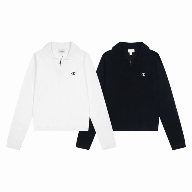 新款上新#P110 ck Jeans25早春秋冬新款双色Polo刺绣针织长袖内衫修身显瘦上衣 颜色：黑色 白色 尺码：S M L 款号：628