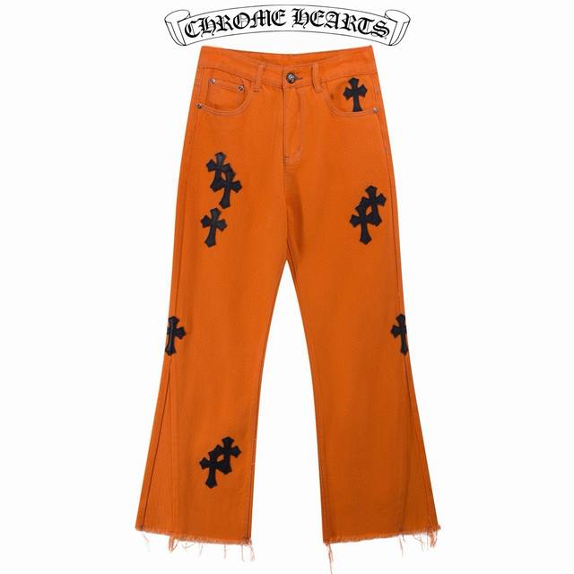 170【原单】款号：K070 【上新】Chrome Hearts 克罗心 橘色牛王拼皮喇叭牛仔裤- 克罗心～夏天的颜色 chromehearts克罗心拼皮牛仔裤