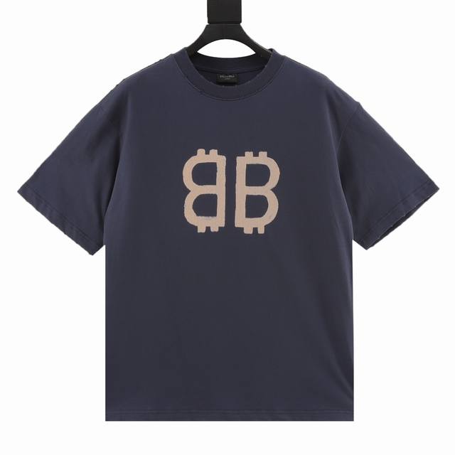 160 balenciaga巴黎世家 前后双B比特币泥染短袖T恤 新版型 独家定织定染布料 质感柔软舒适 磨烂破洞处理 数码直喷比特币图案工艺 os落肩宽松版型