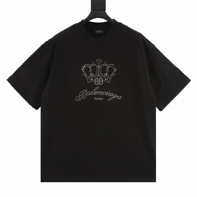 160 balenciaga巴黎世家 皇冠掉钻短袖T恤 独家定织定染布料 高克重 质感柔软舒适 烫砖工艺磨破工艺 恶意掉钻 前烫皇冠钻石图案 os落肩宽松版型