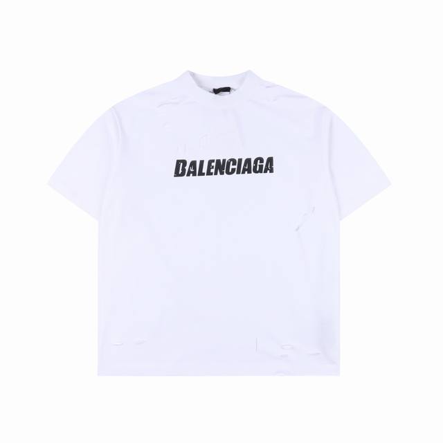 本地自取210 balenciaga巴黎世家 艺术破洞短袖T恤 新面料 新色系 独家定织定染新月兰颜色 克重足 前幅巴黎英文字母拉胶爆裂效果 高成本 重工洗水衣