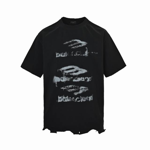 本地自取: 180 balenciaga/巴黎世家 25Ss 涂鸦字母下摆破坏短袖 balenciaga模糊短袖 前后模糊图案白墨直喷洗水磨烂破坏做旧下摆手工打
