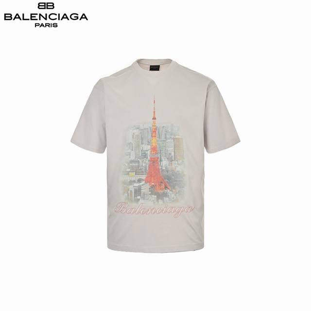 本地自取 180 baenciaga/巴黎世家 水洗破洞东京银座铁塔夜景短袖 重度做旧磨破 领口 兜边 袖口 前后螺纹 破洞细节清晰可见 印花采用日本Broth
