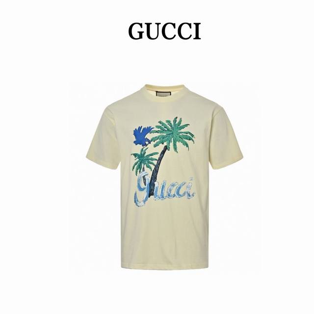 本地自取160 gucci/古驰 椰树印花短袖 定制240克同缸染面料 手感非常舒服 春夏最新砖柜同步 Os落肩版型 时尚又个性 超级百搭好看的一款 男女都非常