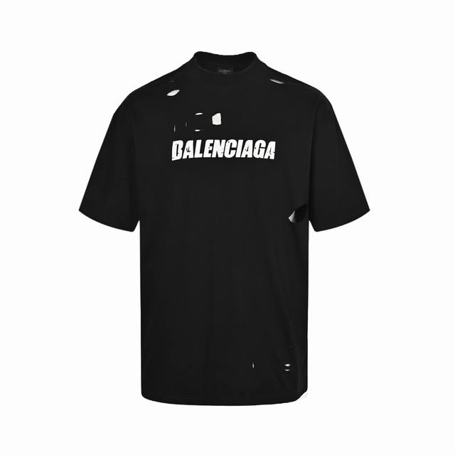 本地自取: 180 balenciaga/巴黎世家 龟裂字母印花破洞短袖 新面料 新色系 独家定织定染新月兰颜色 克重足 前幅巴黎英文字母拉胶爆裂效果 高成本