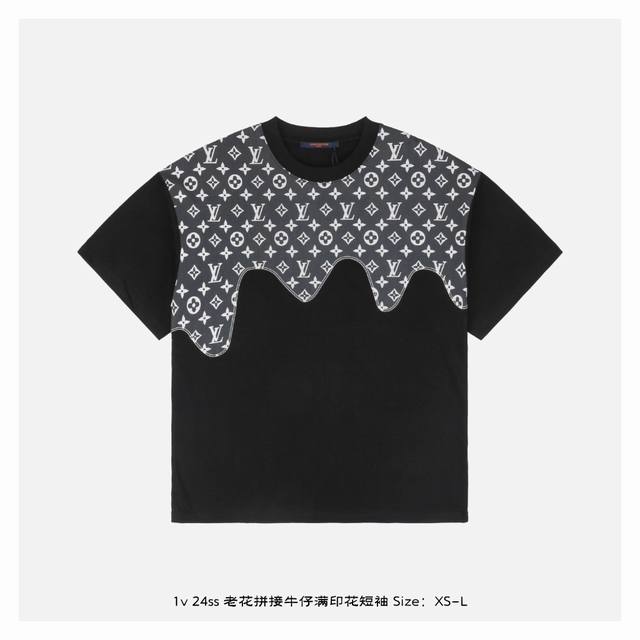 本地自取：180 1V 24Ss 老花拼接牛仔满印花短袖 面料采用230克重精梳棉，定制32支1*1螺纹，成衣两遍水洗处理，面料舒适亲肤无异感，定制定染面料，纺