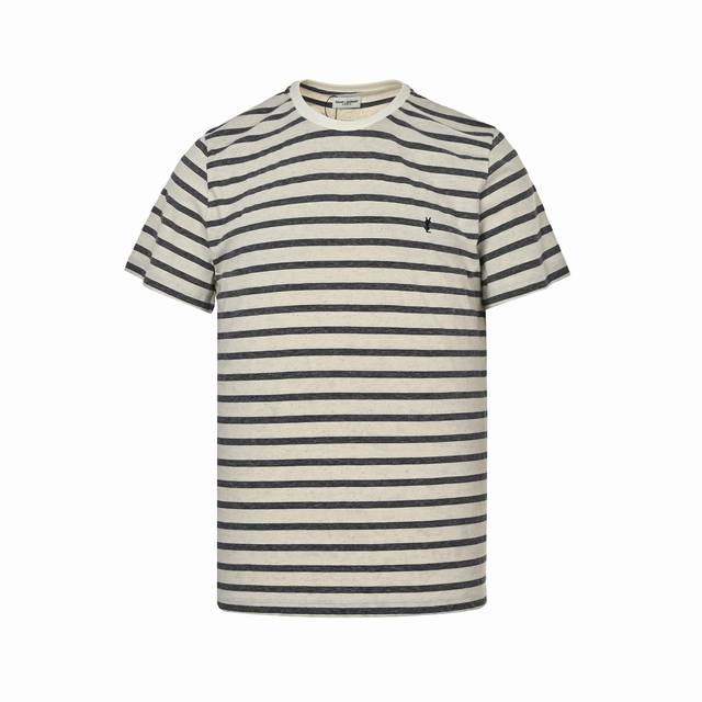 本地自取: 160 saint Laurent/圣罗兰Slp 标识黑白横条纹短袖 定制雅韵彩织高密亚麻，标志性胸前Ysl标识刺绣标志，采用进口机刺绣工艺，使用先