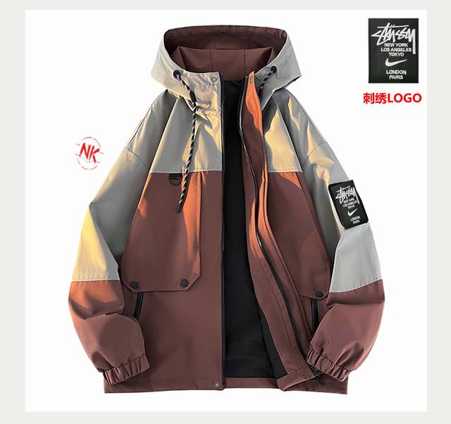 p230 【春季上新】 刺绣Logo 耐克Nike联名斯图西系列，海外秋季限定全新系列连帽冲锋衣防风连帽夹克连帽外套！ : 拼接风经典 诠释个性的涂鸦。卡通潮流