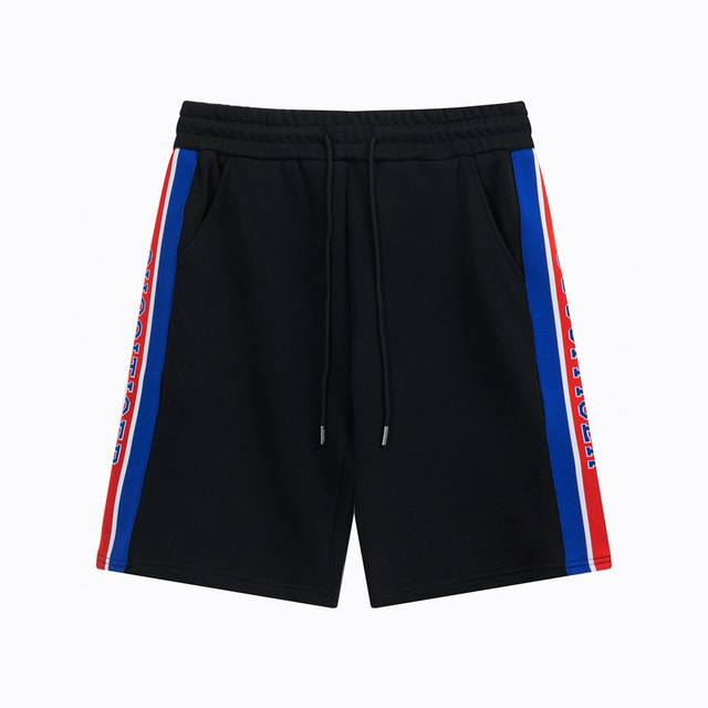 本地自取180 古驰/Gucci 夏季新款 侧边字母Logo织带红蓝条纹毛圈五分短裤 专柜定制纯棉面料 超级质感柔软透气 时尚男女同款休闲短裤 color: 黑