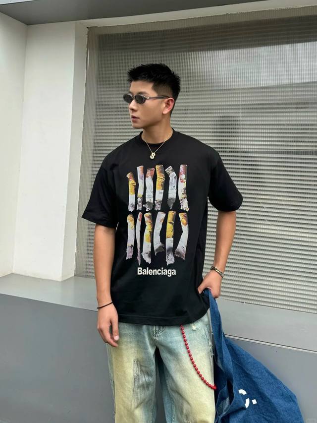 p210。 Balenciag*巴黎25S新款T恤.字母印花经典百搭纯棉短袖.男女同款个性图形香烟设计.品牌字母搭配.简单高级.优选280G光柔棉面料.舒适柔软