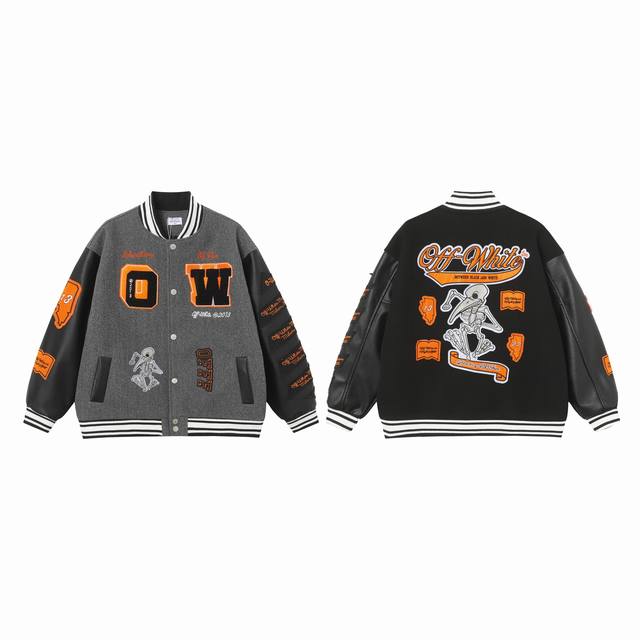 p270 6956 尺码：M Lxl Xxl offwhite24Ss走秀款棒球服夹克外套 原板开模，耗时一个月出货 重工刺绣拼皮棒球服 大身采用羊毛呢面料面