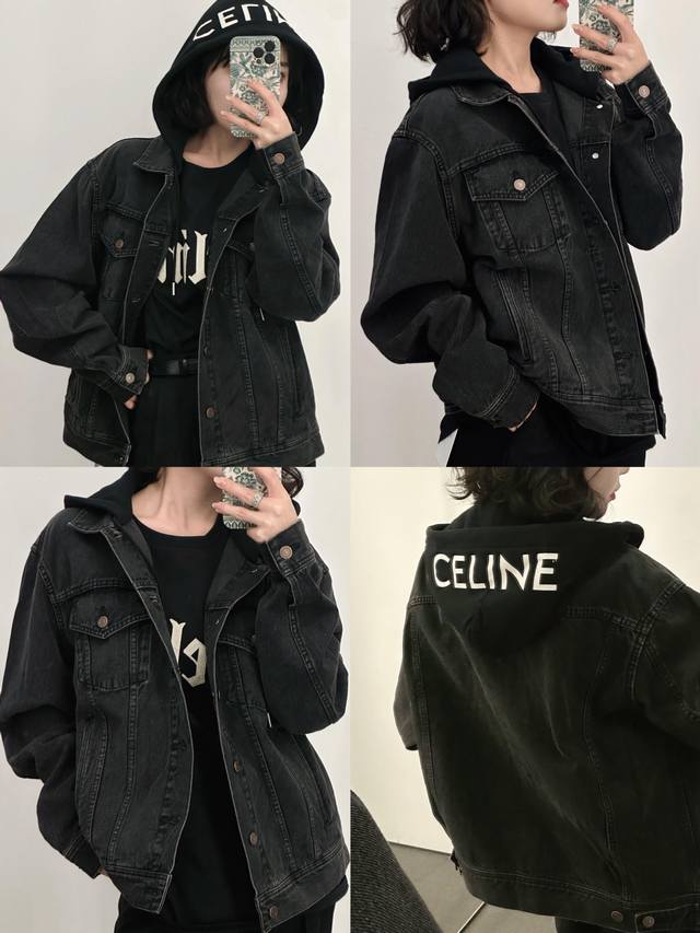 230 Celine赛琳春夏专柜新品复古拼接白色字母帽子黑色水洗牛仔外套！最新配色 男女同款采用进口材质厚版胶制版 靠厚版来保证膜的厚度。帽子独特拼接设计更显洋