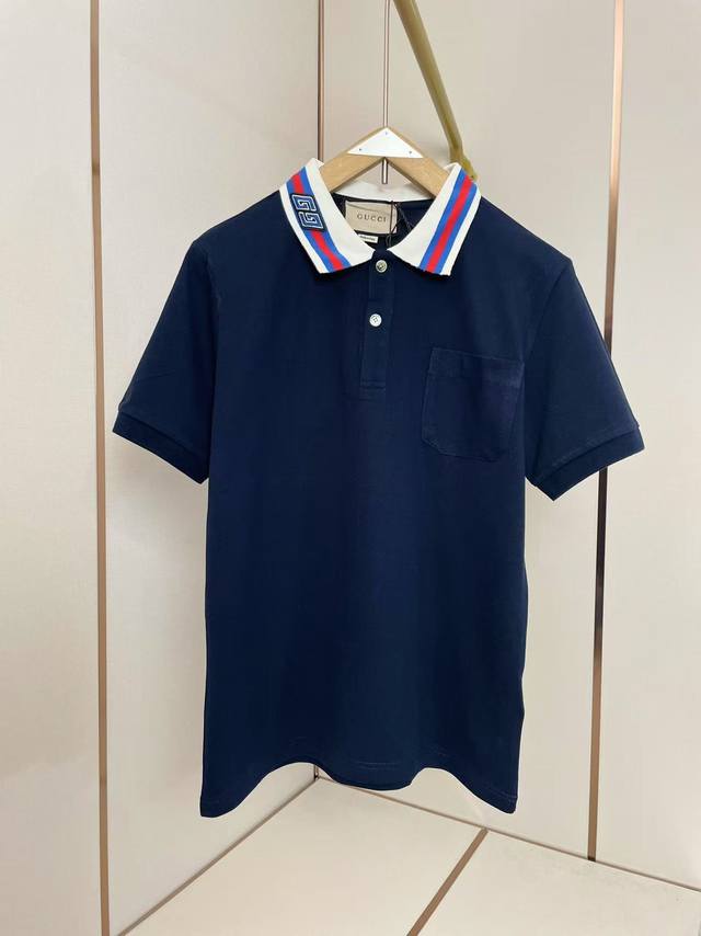 p160 Gucci领口双G刺绣Polo 撞色设计 少年感满满 深蓝色 男女同款 码数S-Xxl