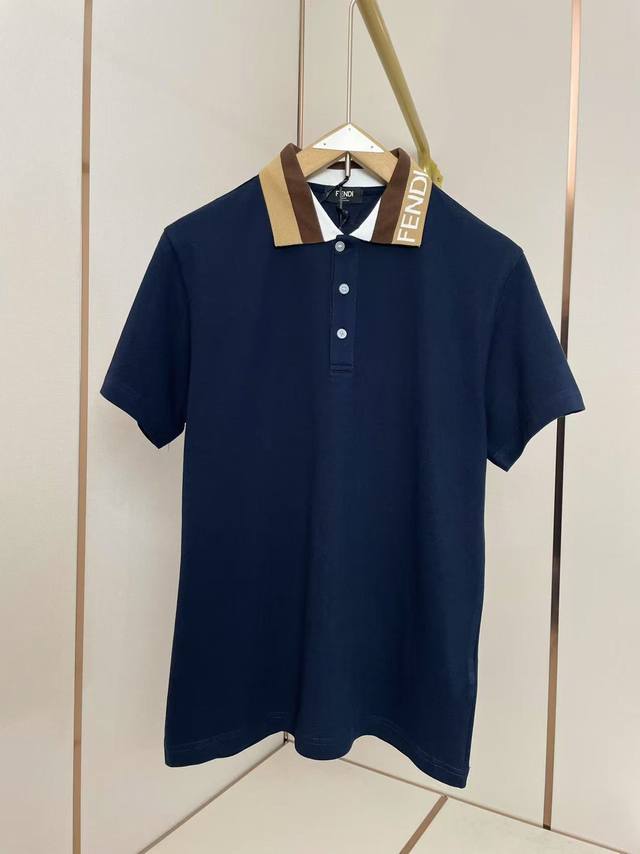 p160 芬迪新款金领Polo 把品牌字母镶嵌在领子上 深蓝色 男女同款 码数S-Xxl