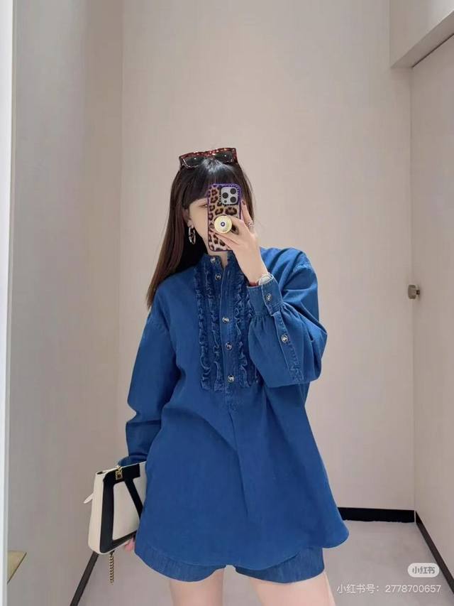 批310 Valentin* 25Ss春夏新款 复古宫廷风压褶花边牛仔衬衫丨独家高版出品！胸前花边定位打条压褶工艺 丹尼牛仔洗水面料质感舒适 定制滴油金属扣自带