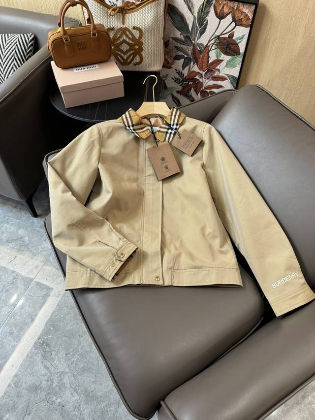 lf007#新款风衣P500 burberry 最新款 翻领格子色 拼接短款风衣小外套 卡其色 36/38/40/42