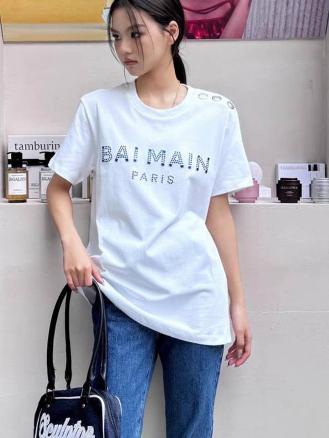 p170 Balma*/巴尔曼爆款纽扣缀饰肩膀亮钻字母Logo短袖T恤上衣。Smlxl