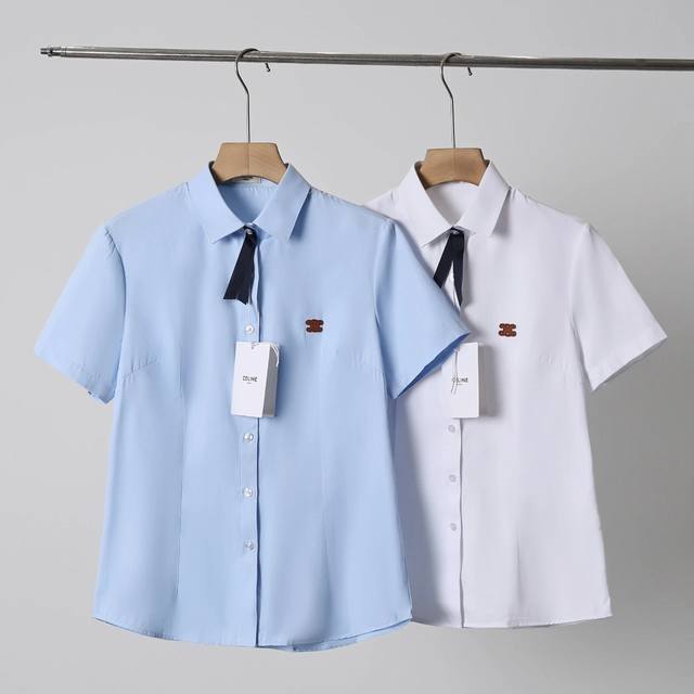 Celine 赛琳纯棉衬衫女士新款夏季白色短袖职业气质休闲衬衣 新款女士衬衫的设计基调将意式的都市高贵极简风发挥到极致，简洁干净，无任何复杂工艺做噱头。采用了1