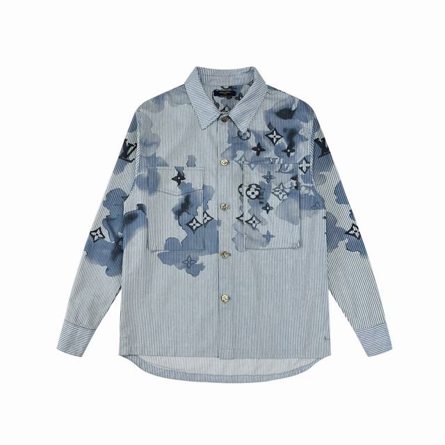 复刻版本 Louis Vuitton 路易 威登 Lv Ss21 条纹水墨渲染印花丹宁牛仔长袖衬衫外套 颜色：水墨蓝 尺码：Xs S M L -定制高克重丹宁面