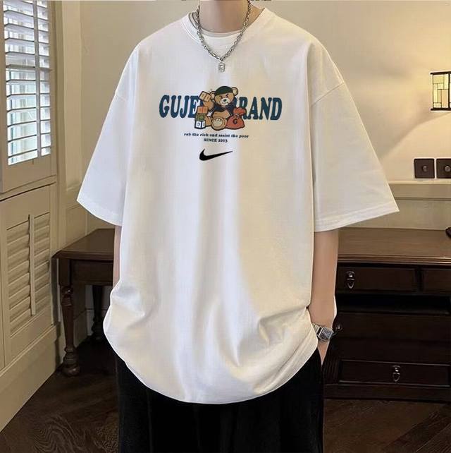 260G重磅纯棉 Nike 耐克 数字卡通熊 Nk 短袖T恤 男女同款 半袖 情侣款 面料工艺： 1.260G重磅纯棉，100%棉，恰到好处的克重，上身有型不显